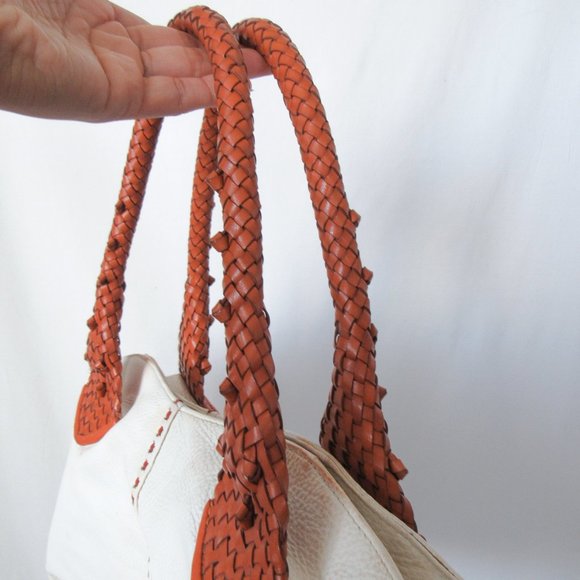 PAOLO MASI Italian Two-Tone Leather Braided Handle Pebbled White Leather/ Large - Picture 8 of 14